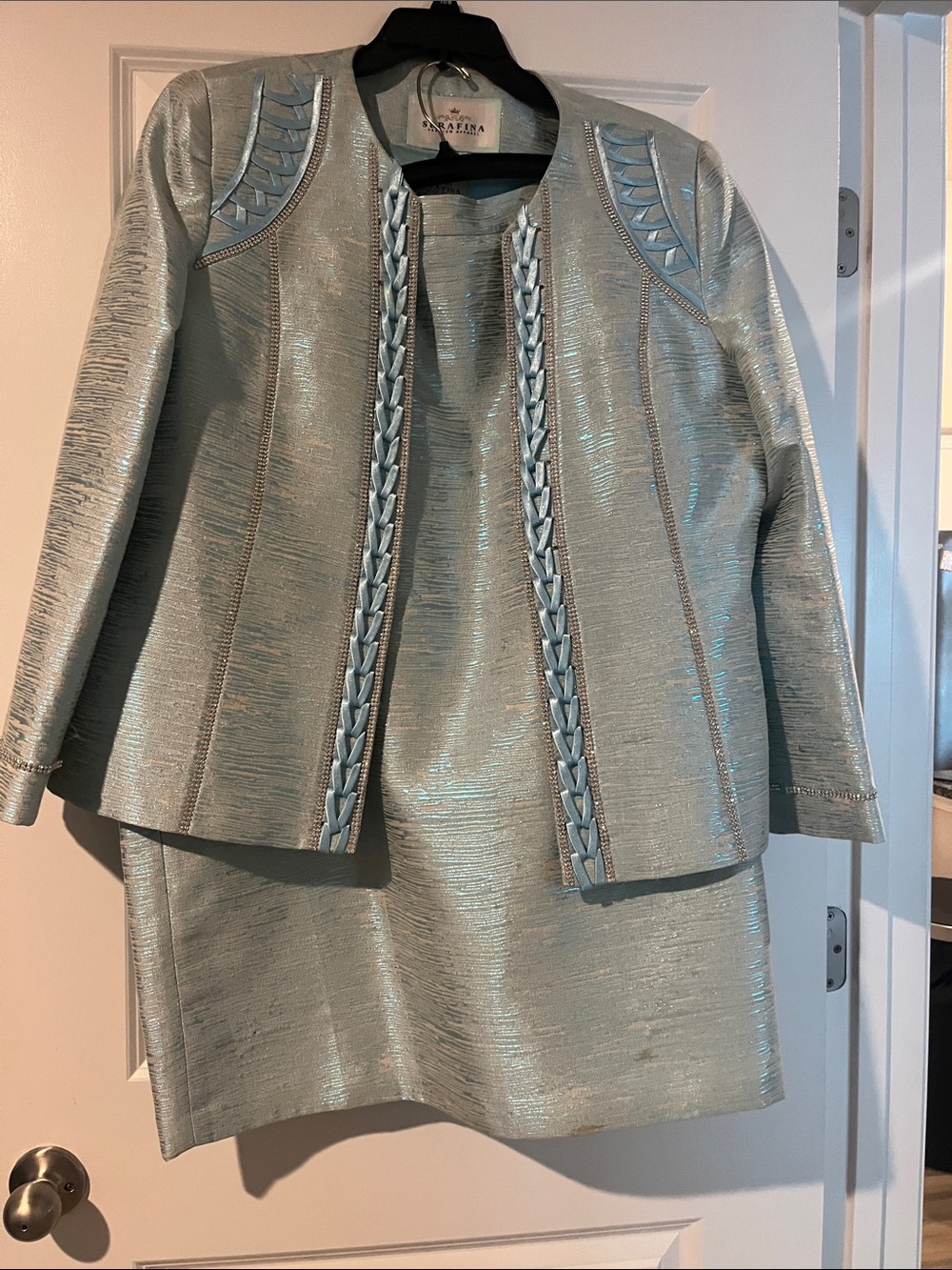 Pale Blue Metallic Braided Trim Jacket & Skirt Set